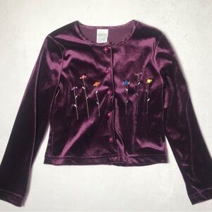 Vintage Girls Velvet Button-Up Jacket with Embroidered Flowers - Plum